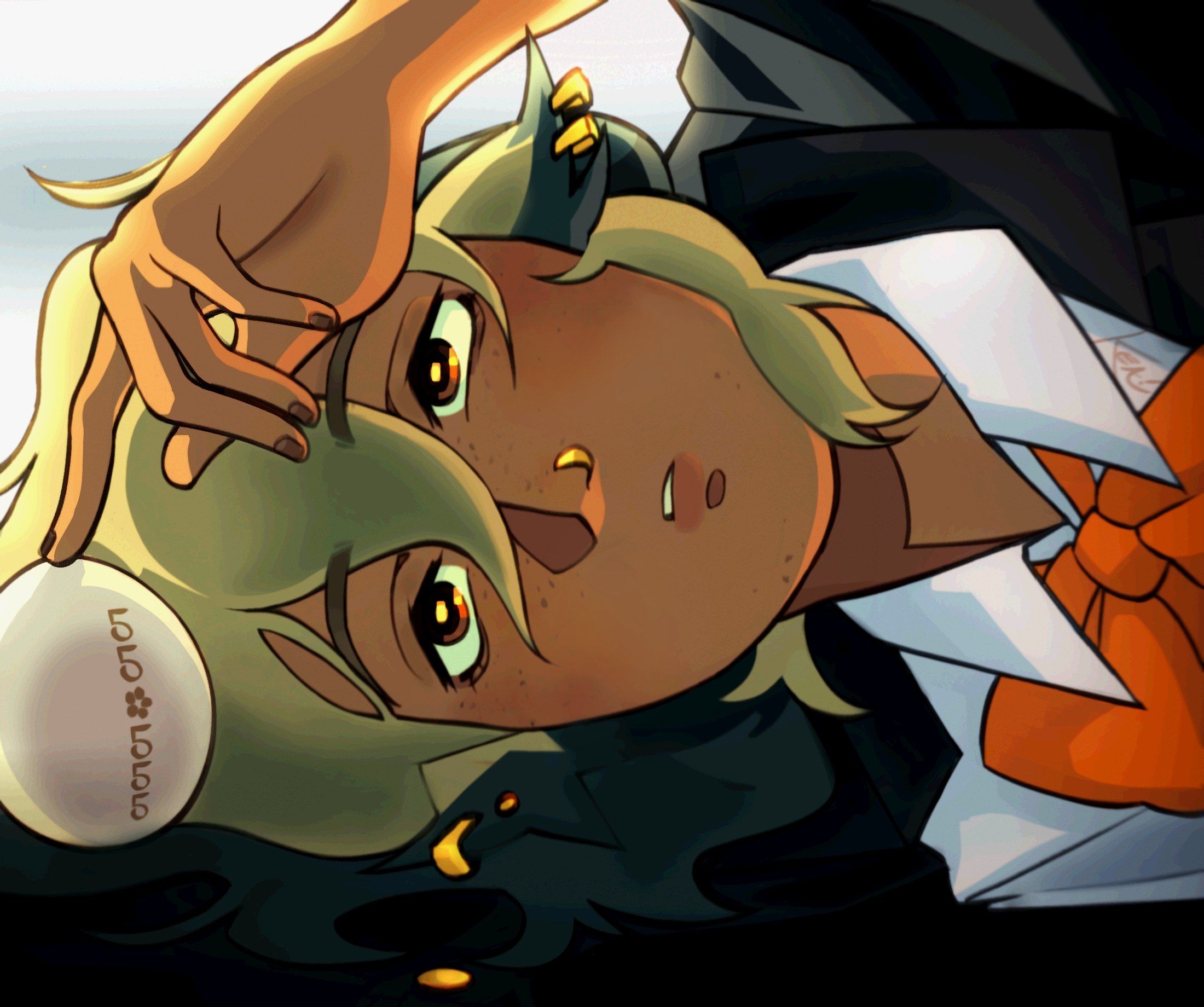 Digital drawing of Vee laying down beside an egg, moving it with one of her fingers. She wears her Japanese study Hexside uniform and has multiple gold piercings. The drawing is based off a scene from Wonder Egg Priority.